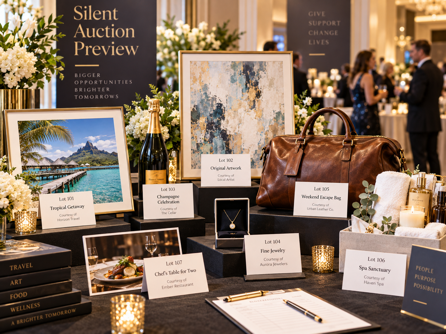 A silent auction preview table with numbered lots including artwork, champagne, fine jewelry, a weekend escape bag and a spa package