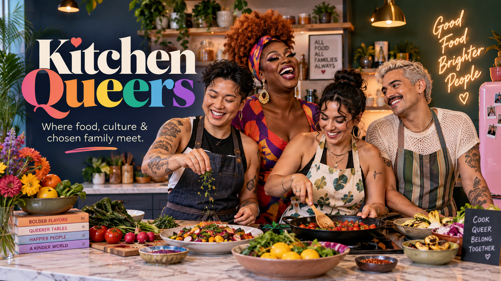 Kitchen Queers show artwork featuring a diverse group cooking together in a colorful kitchen, with the Kitchen Queers logotype and the line Where food, culture & chosen family meet.