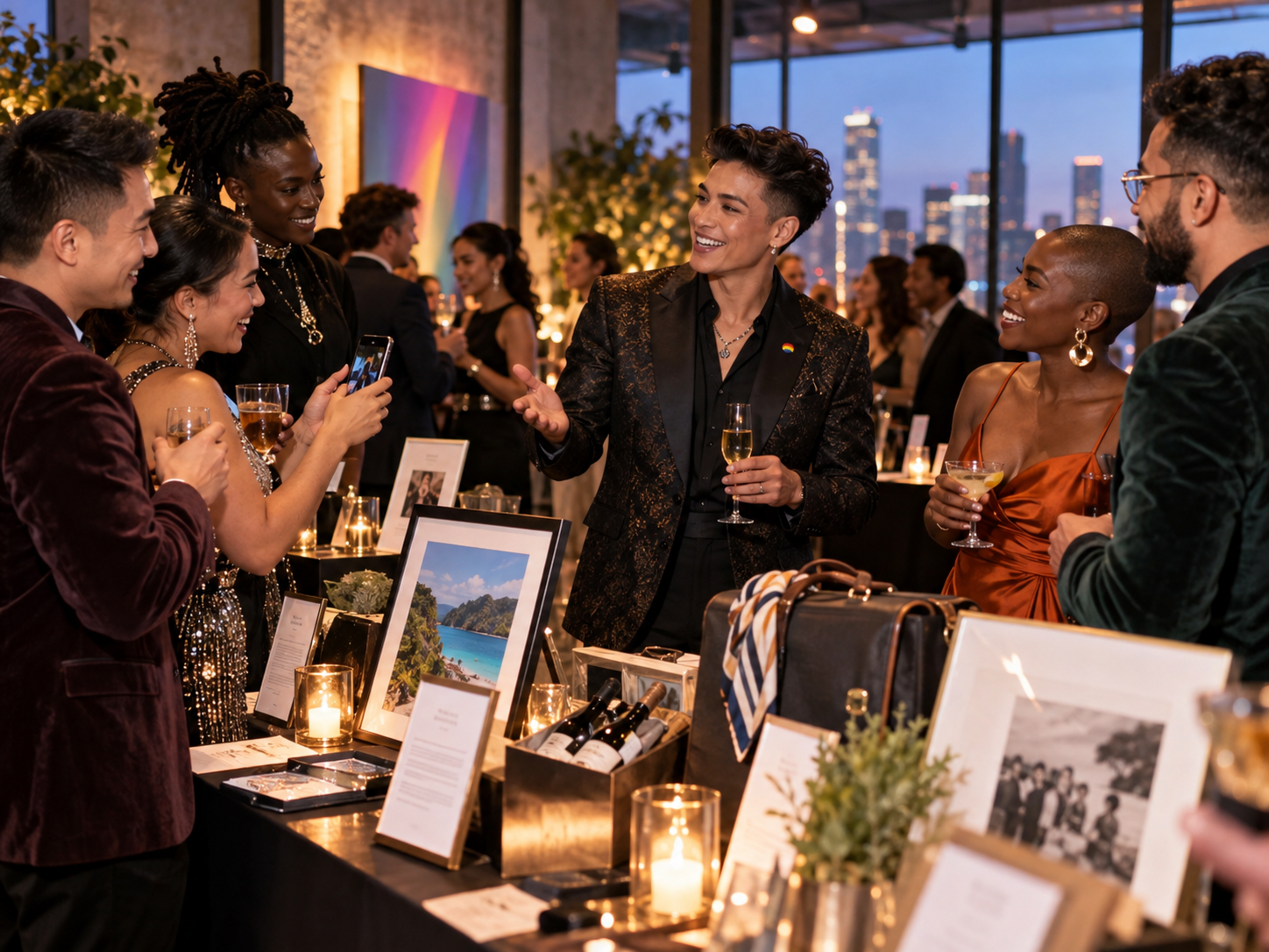 A host with a microphone laughing on stage while guests at a fundraising gala raise bid paddles and hold up phones