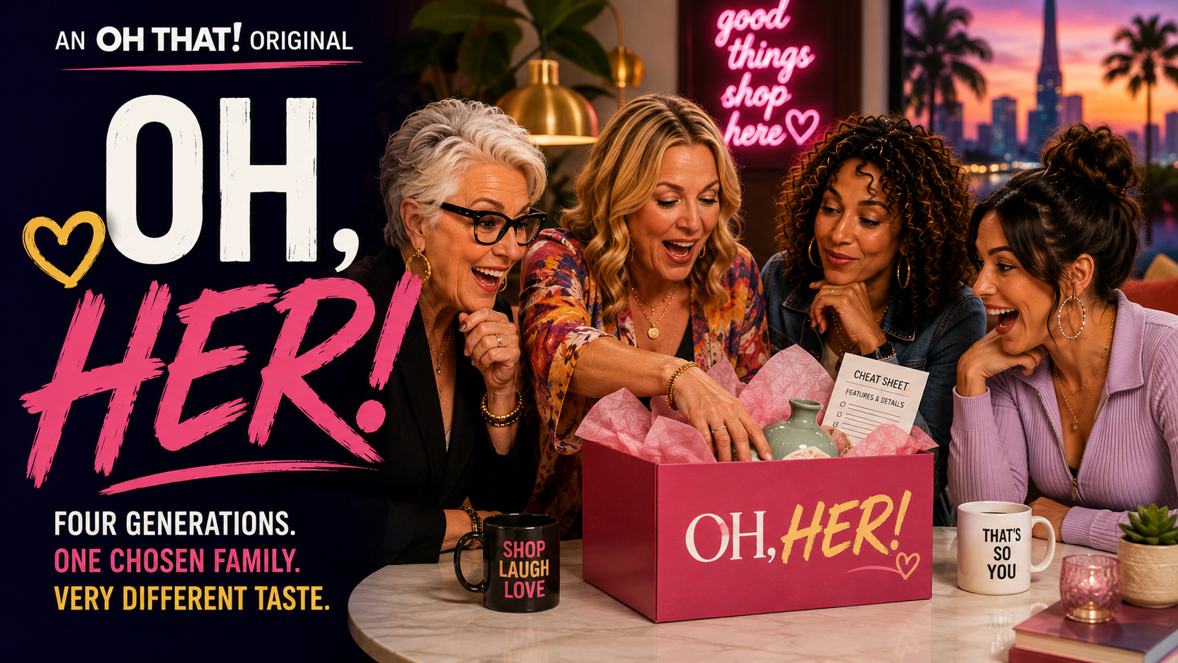 OH, HER! campaign artwork: four queer women across generations laughing around a marble table as they open a pink OH, HER! surprise box under a neon sign reading good things shop here.