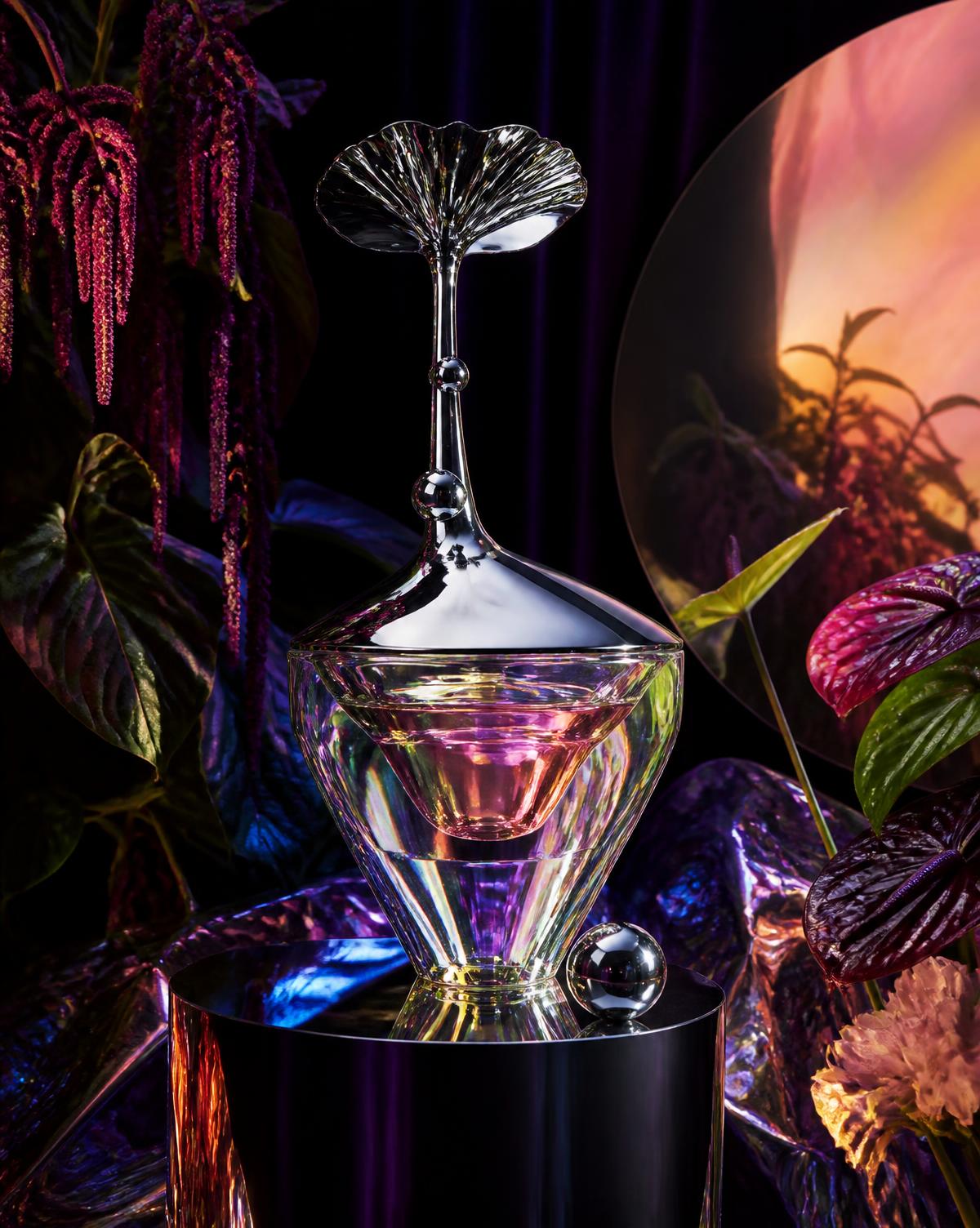 Unexpected sculptural object staged with dramatic holographic lighting