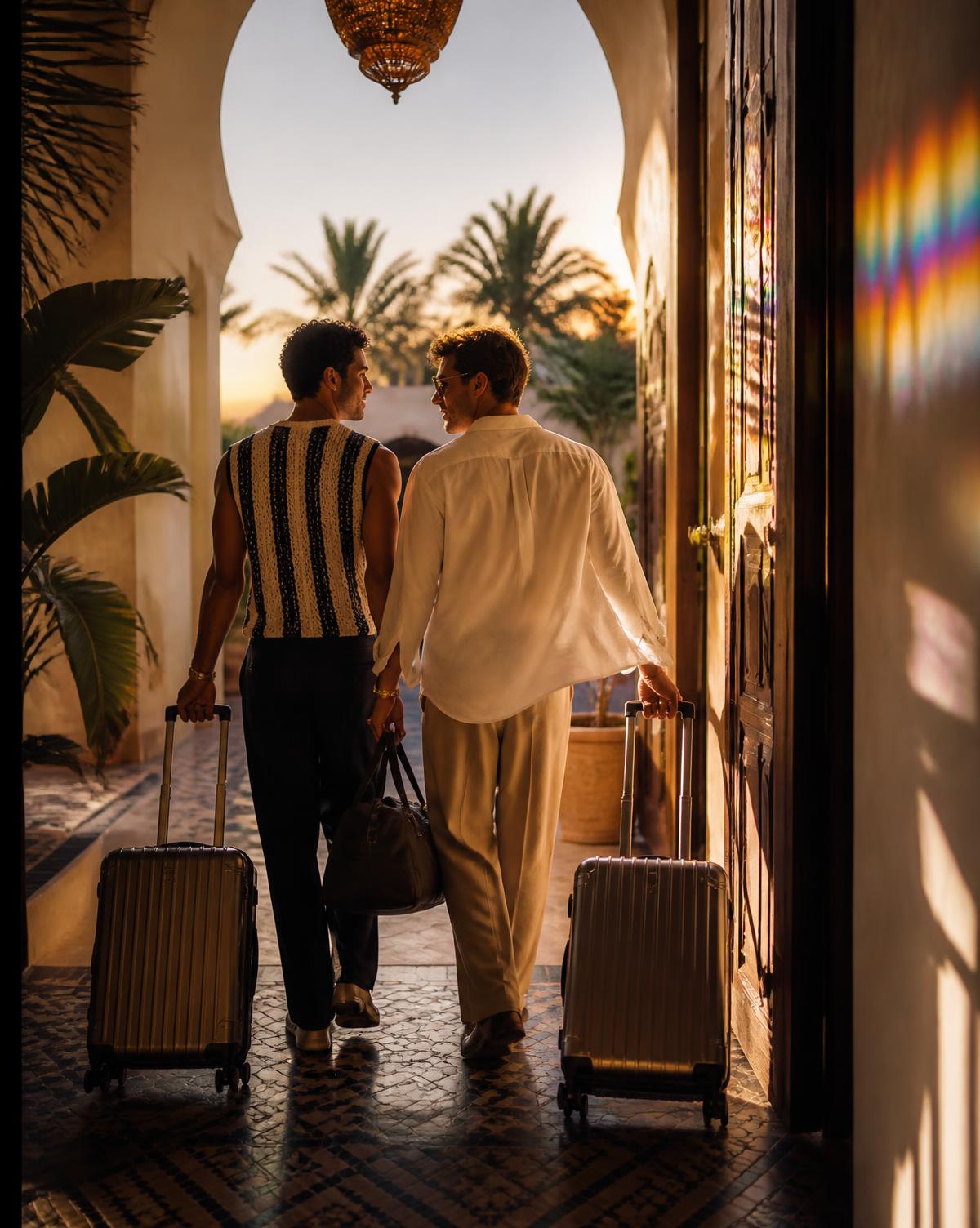 Stylish travelers entering a design-forward destination at golden hour