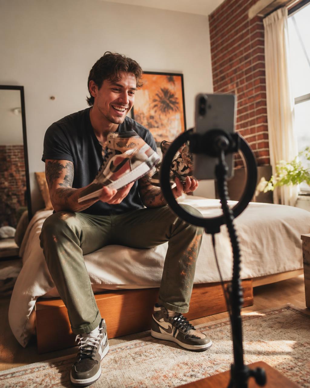 A young man in streetwear laughing as he holds up a pair of rare sneakers to a phone and ring light in his sunlit loft