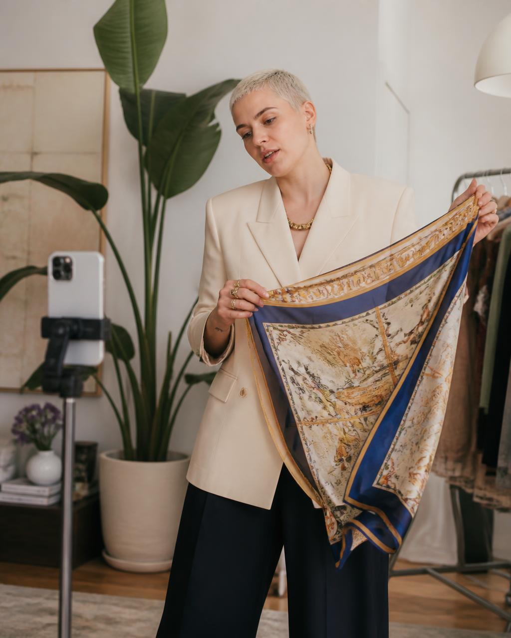 A stylish person in a cream tailored jacket holding up a printed silk scarf to a phone on a tripod in a plant-filled studio