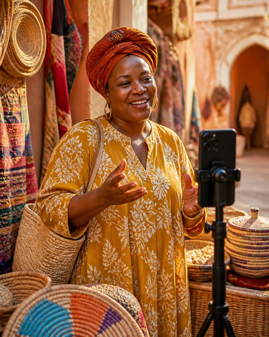 A woman in a headwrap smiling as she broadcasts from a sunlit market stall full of woven baskets and textiles