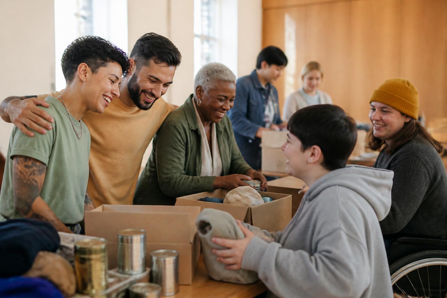 Volunteers of different ages and backgrounds laughing together while packing donation boxes in a bright community hall