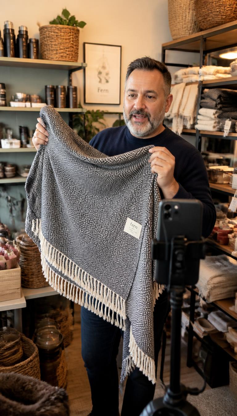 A shop owner holding up a woven blanket to a phone on a tripod inside his home-goods store