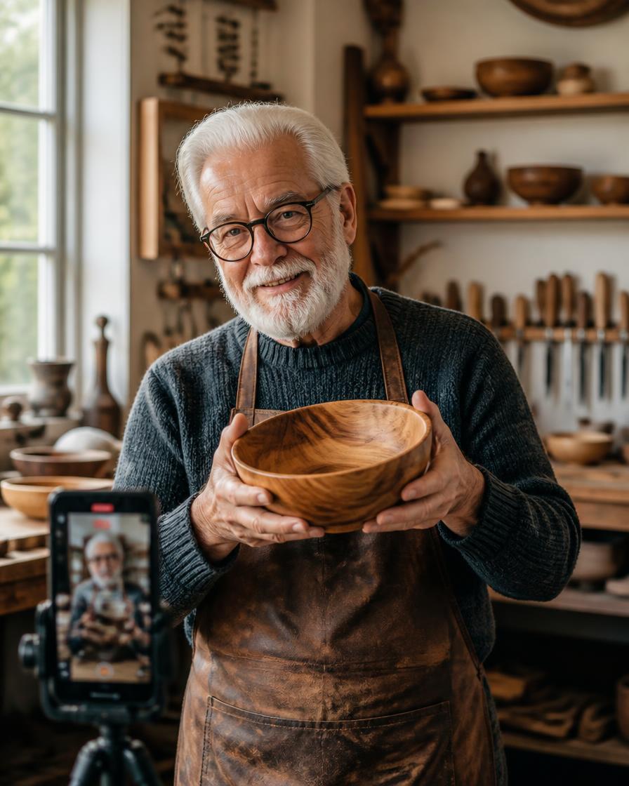 A silver-haired woodworker holding a handmade wooden bowl toward a phone in his workshop