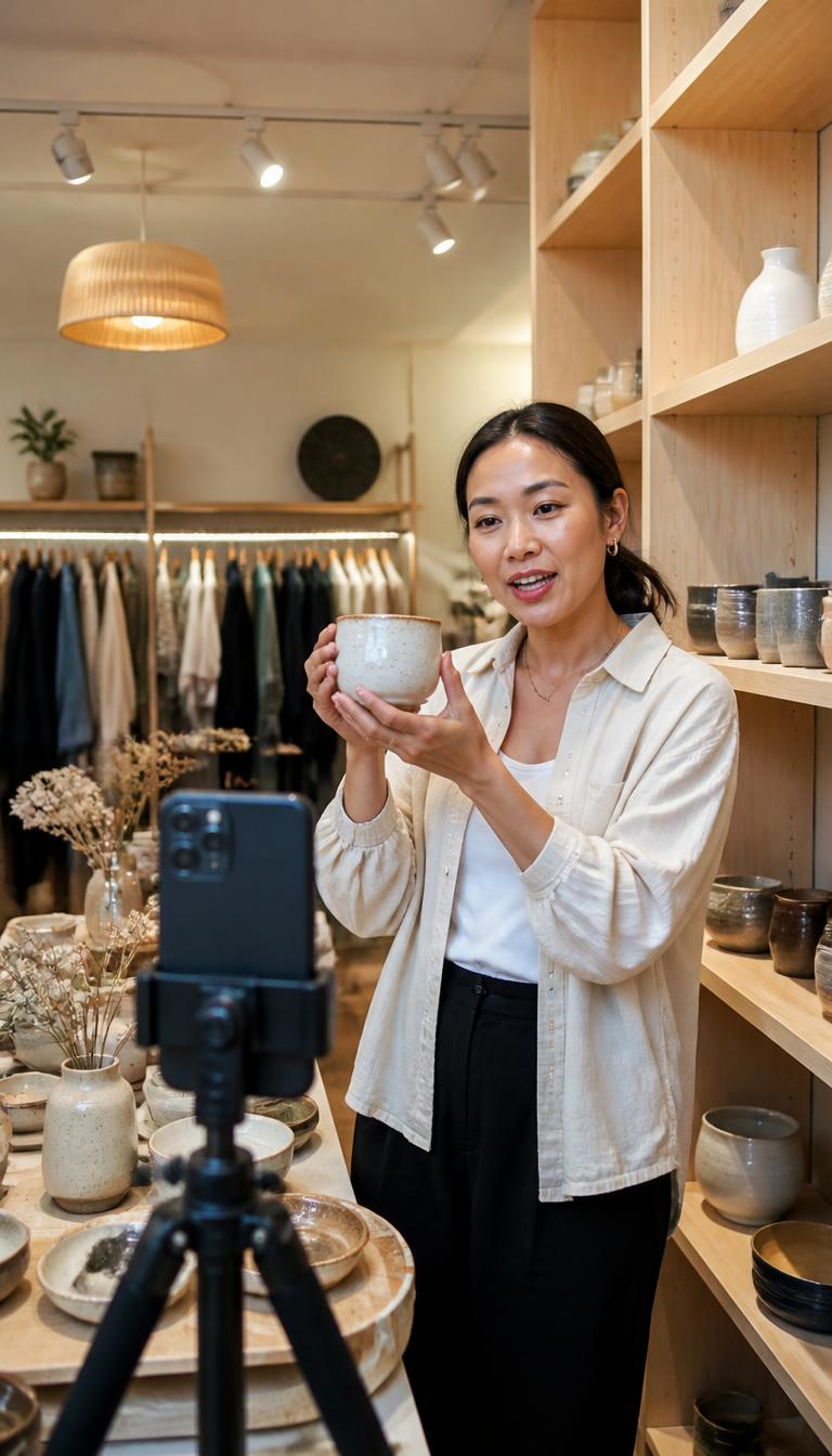 A boutique owner presenting a ceramic bowl to a phone on a tripod inside her shop