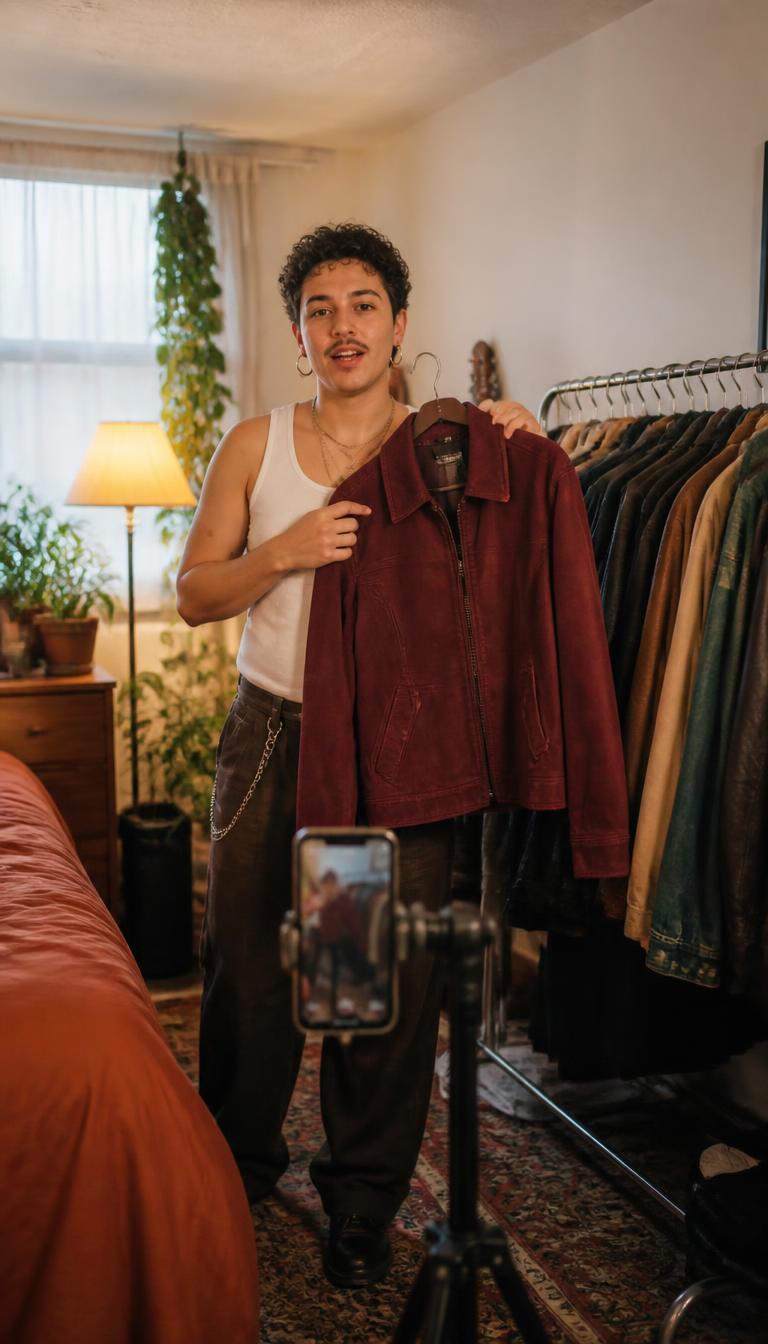 A seller going live from home holding up a vintage suede jacket in front of a clothing rack