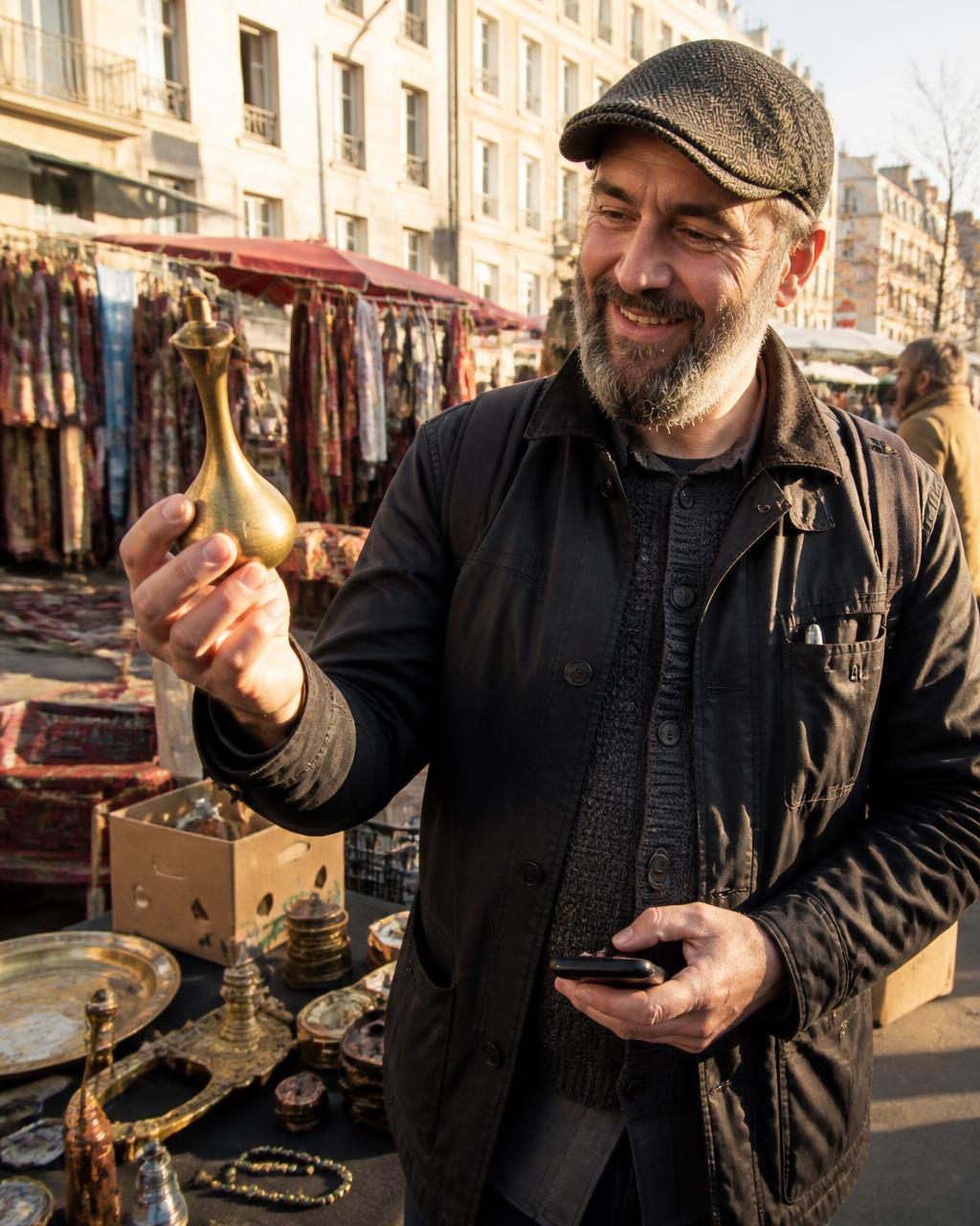 A man browsing a sunny flea market, delighted by a brass object he's just found